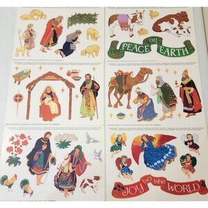 NEW Vintage Nativity Set Reusable Window Decorations Window Cling 6 Full Sheets
